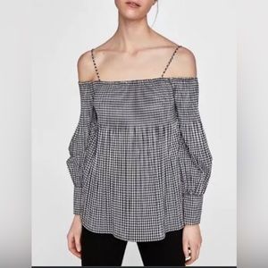 ZARA Basic Plaid Gingham Babydoll Off the Shoulder Shirt